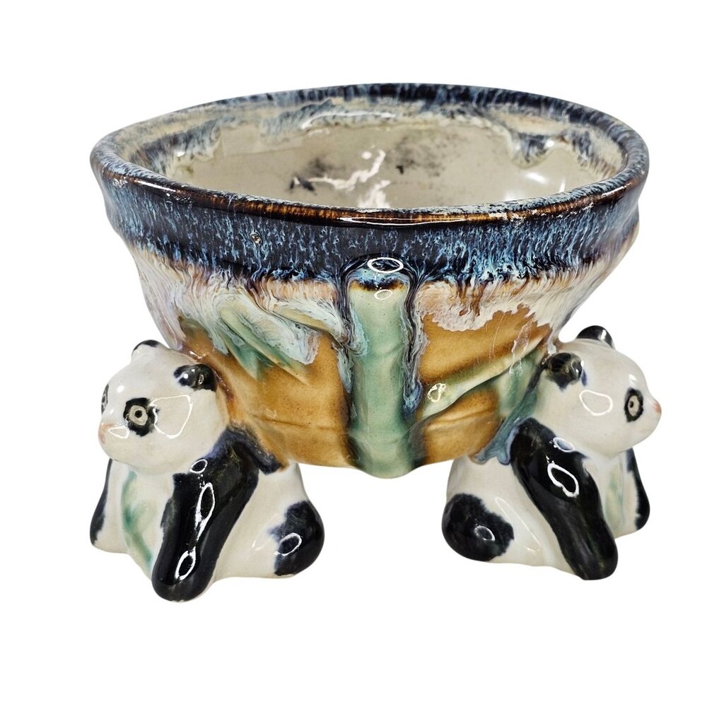 Majolica Style Panda Bear Planter Bowl Collectible Bamboo Motif Cute Kitsch
